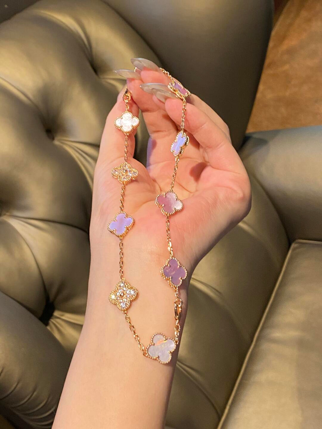 VCA CLOVER 10 MOTIFS DIAMOND PINK MOP NECKLACE