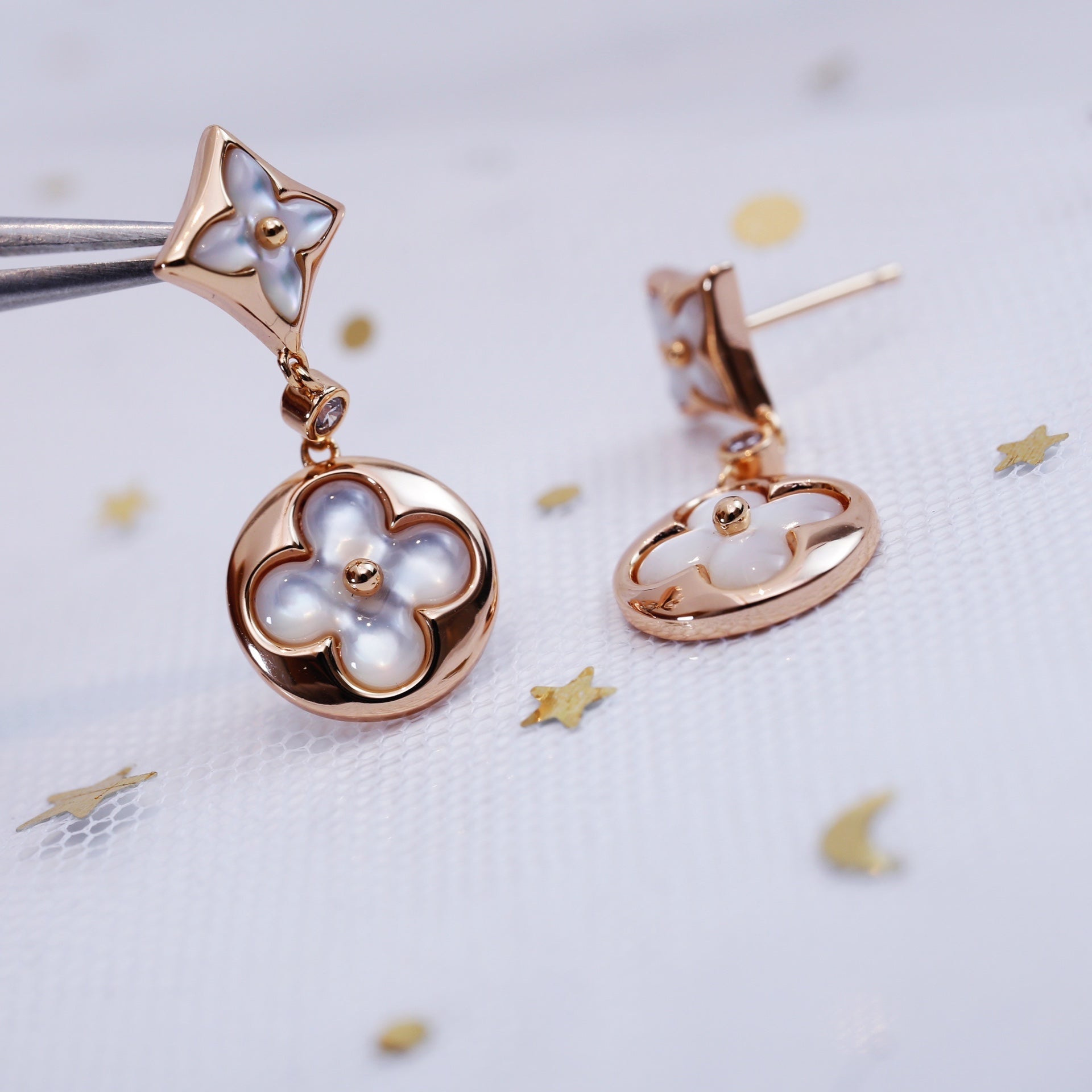 LOUIS VUITTON STAR AND SUN PINK GOLD MOP DROP EARRINGS