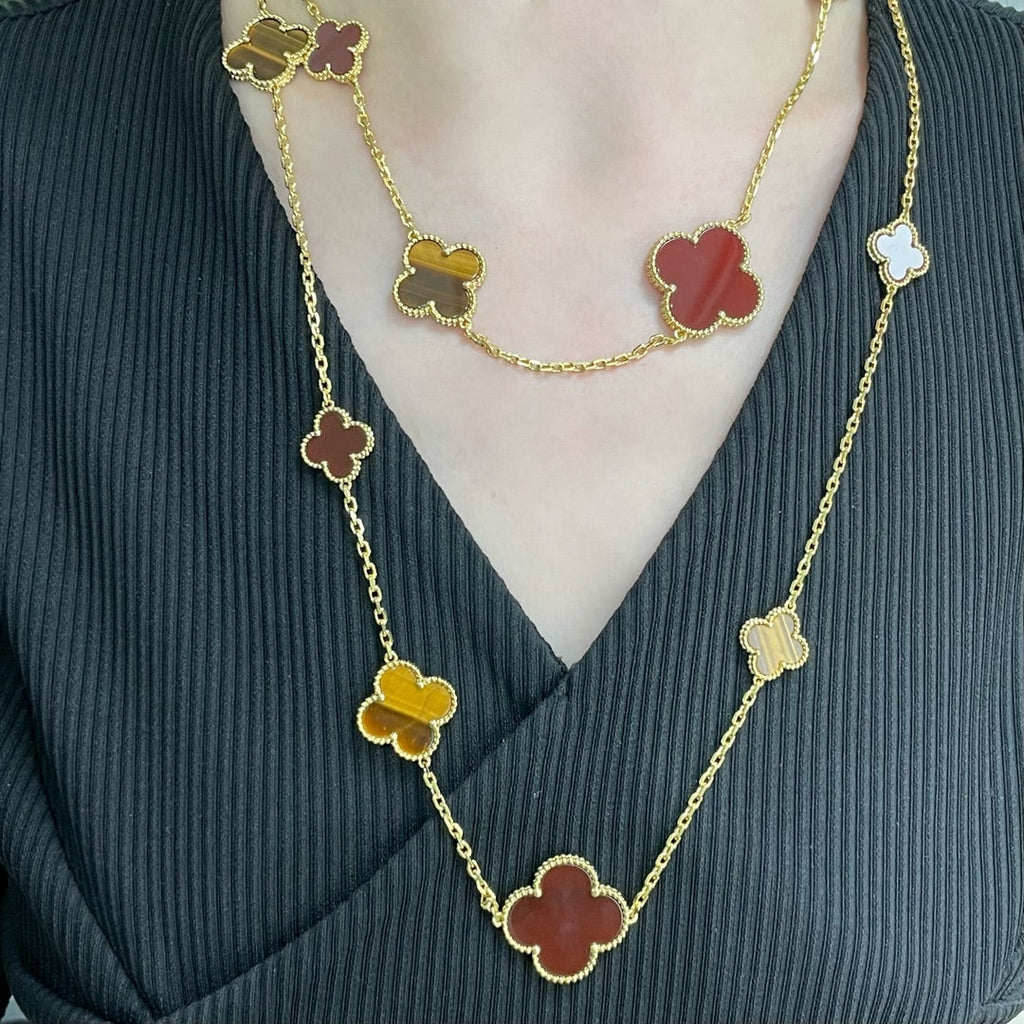 VCA CLOVER 16 MOTIF CARNELIAN TIGER EYE ROSE GOLD NECKLACE