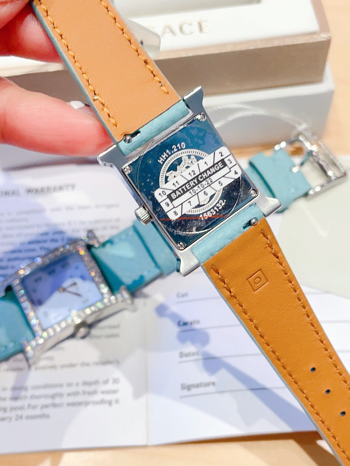 HERMES HEURE H 26 SILVER BLUE DIAL DIAMOND BEZEL EPSOM LEATHER