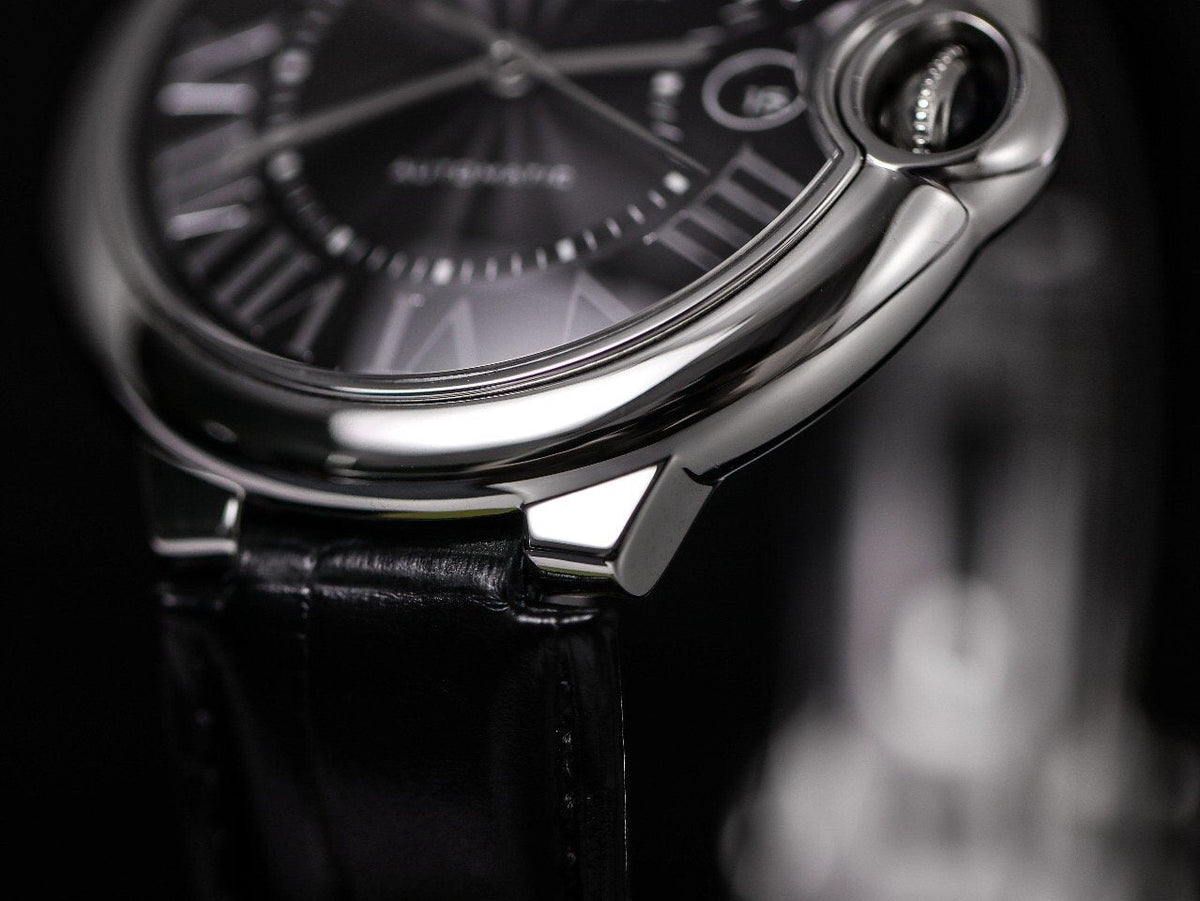 CARTIER BALLON BLEU 42 BLACK DIAL LEATHER BRACELET