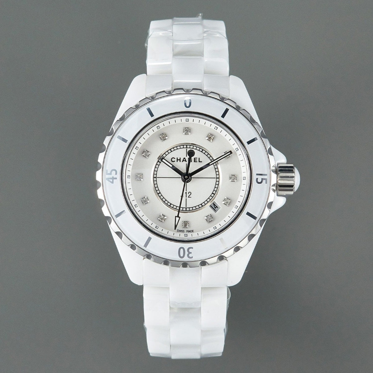 CHANEL J12 Date Quartz White Ceramic Diamond Numerals White Dial
