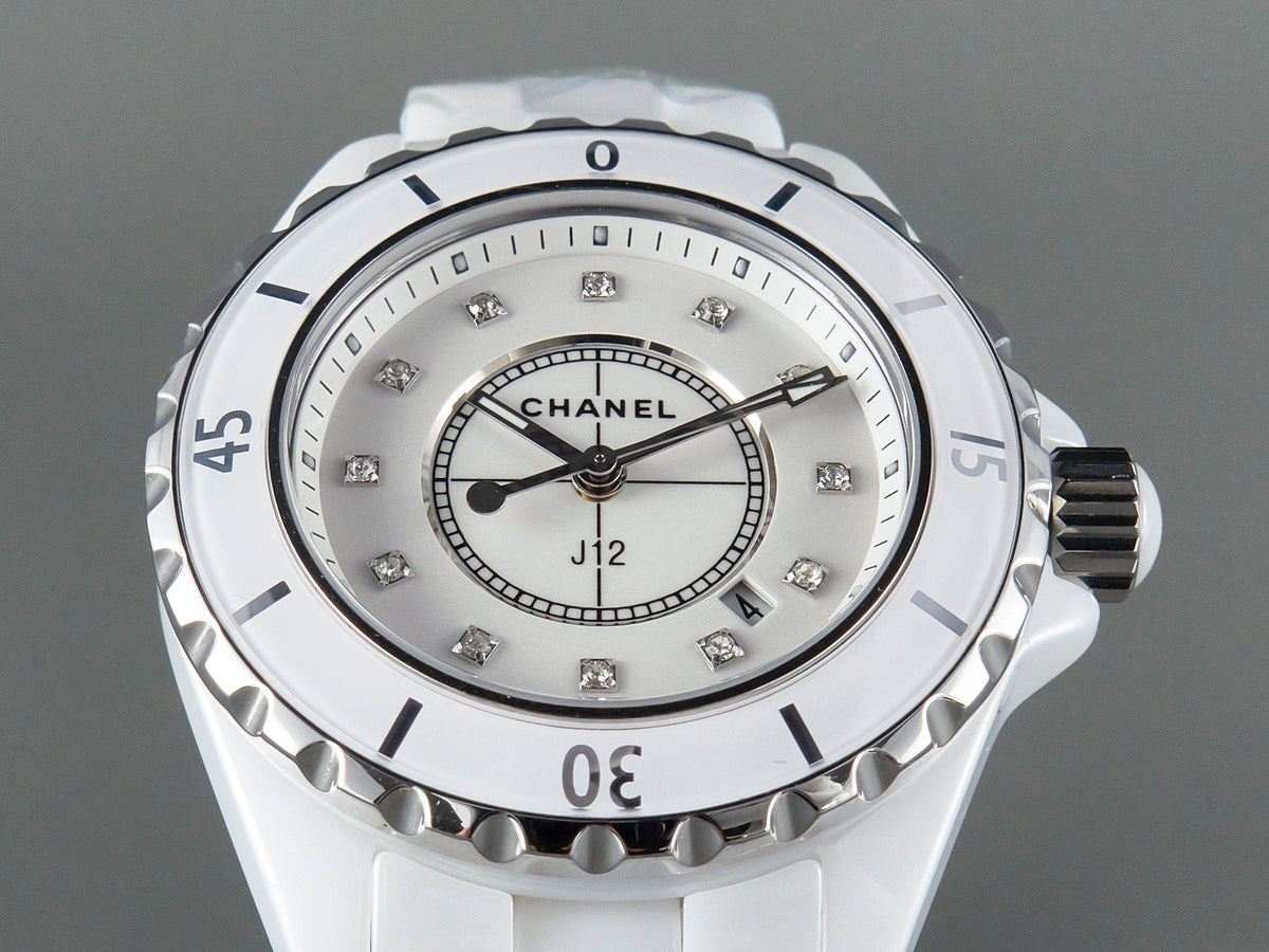 CHANEL J12 Date Quartz White Ceramic Diamond Numerals White Dial