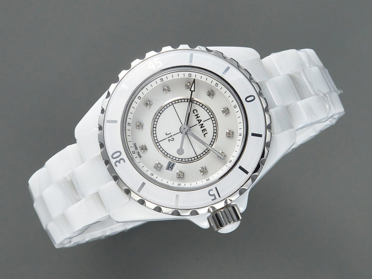 CHANEL J12 Date Quartz White Ceramic Diamond Numerals White Dial