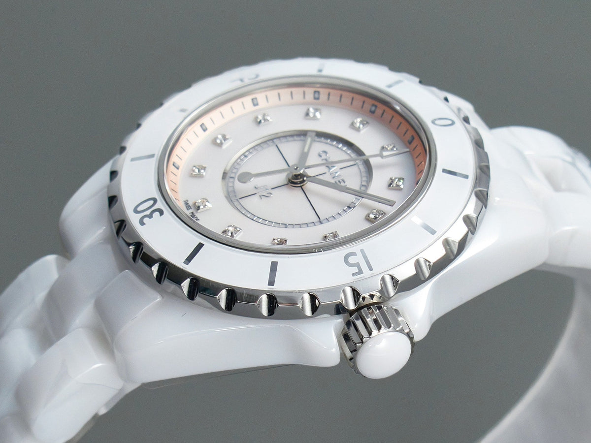 CHANEL J12 33mm Quartz White Ceramic Diamond Numerals Pink Mop Dial