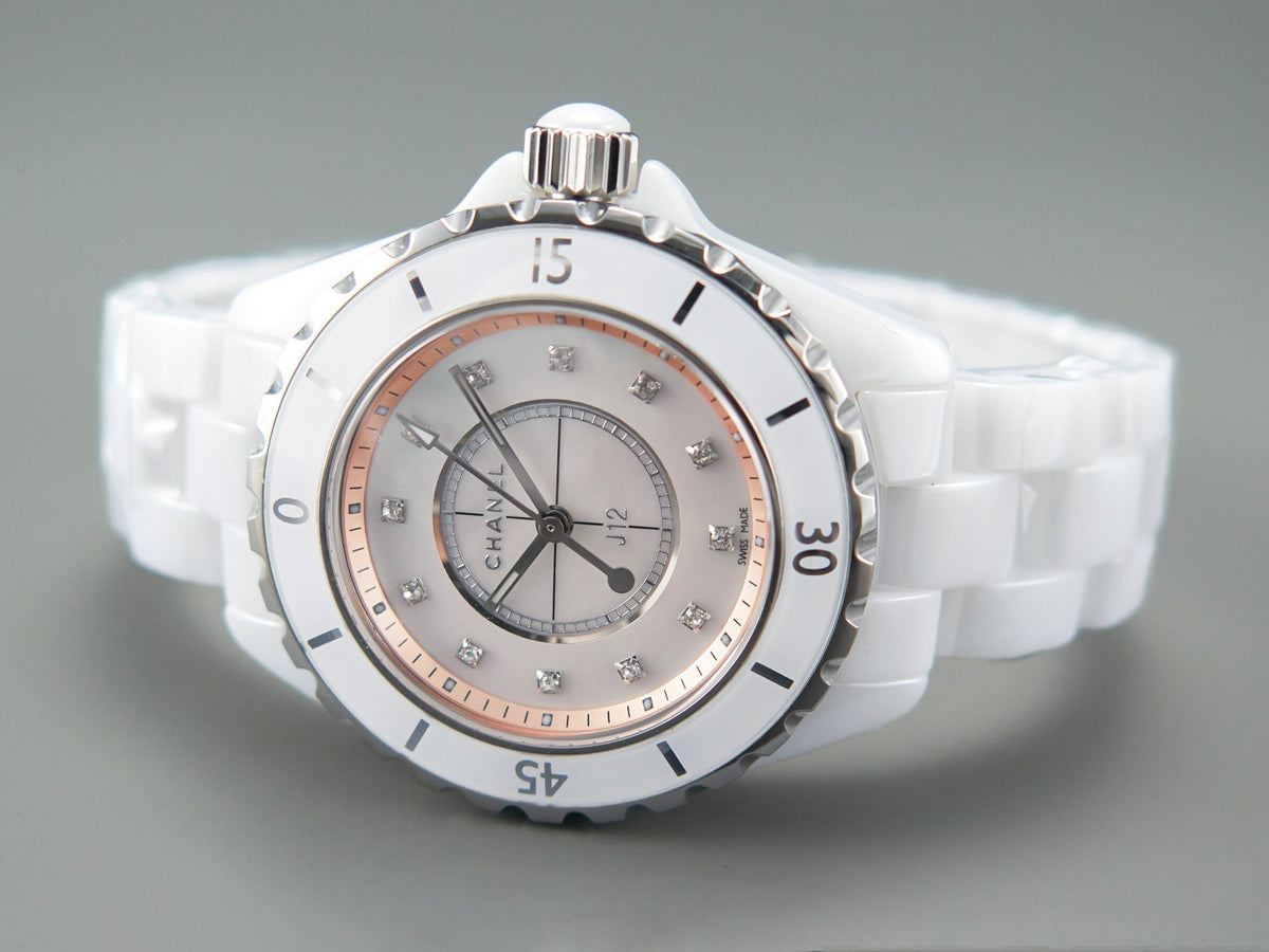 CHANEL J12 33mm Quartz White Ceramic Diamond Numerals Pink Mop Dial