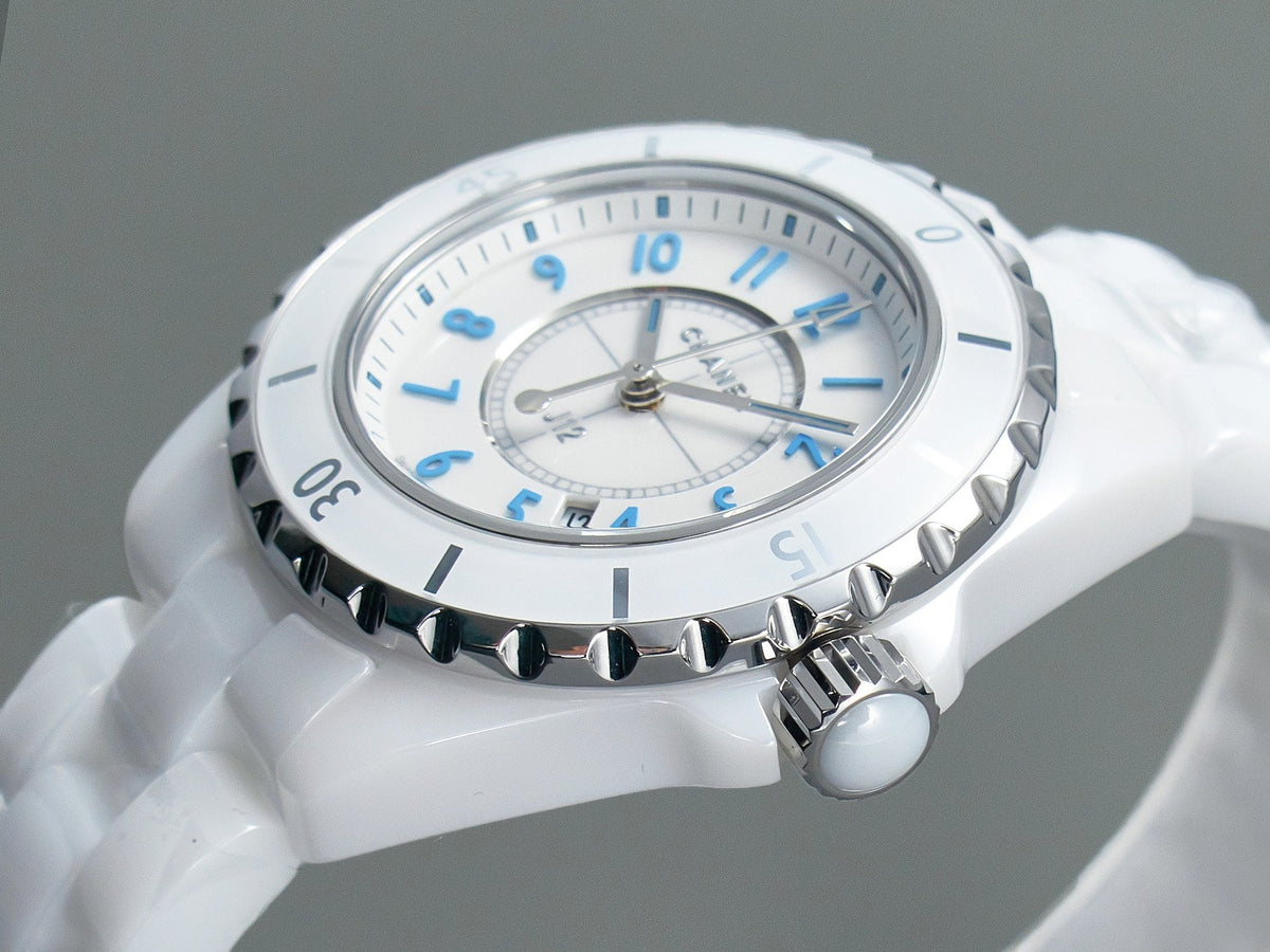 CHANEL J12 Date Quartz White Ceramic Blue Numerals White Dial