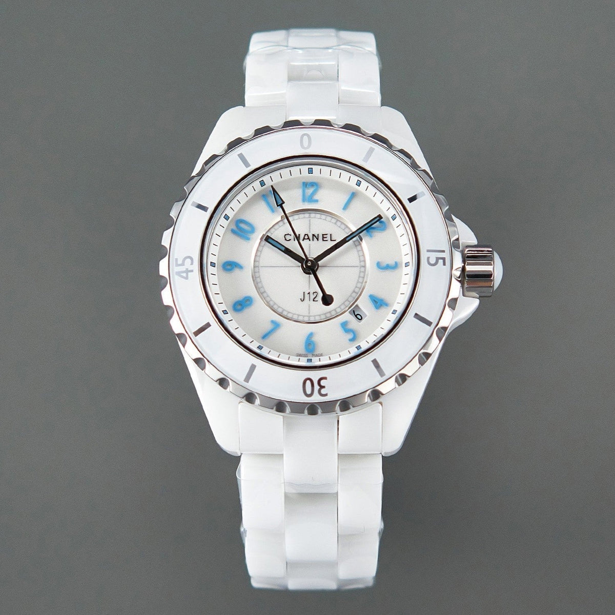 CHANEL J12 Date Quartz White Ceramic Blue Numerals White Dial
