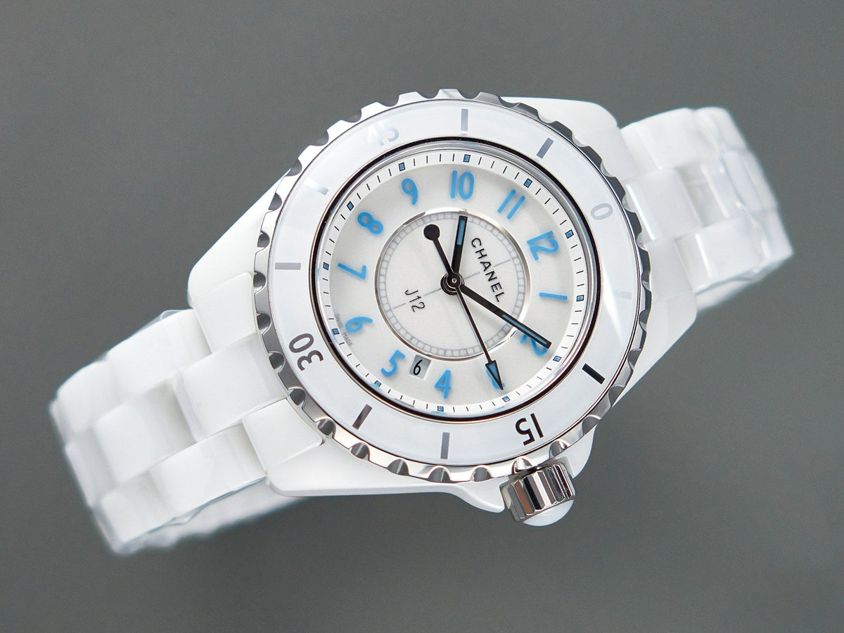 CHANEL J12 Date Quartz White Ceramic Blue Numerals White Dial