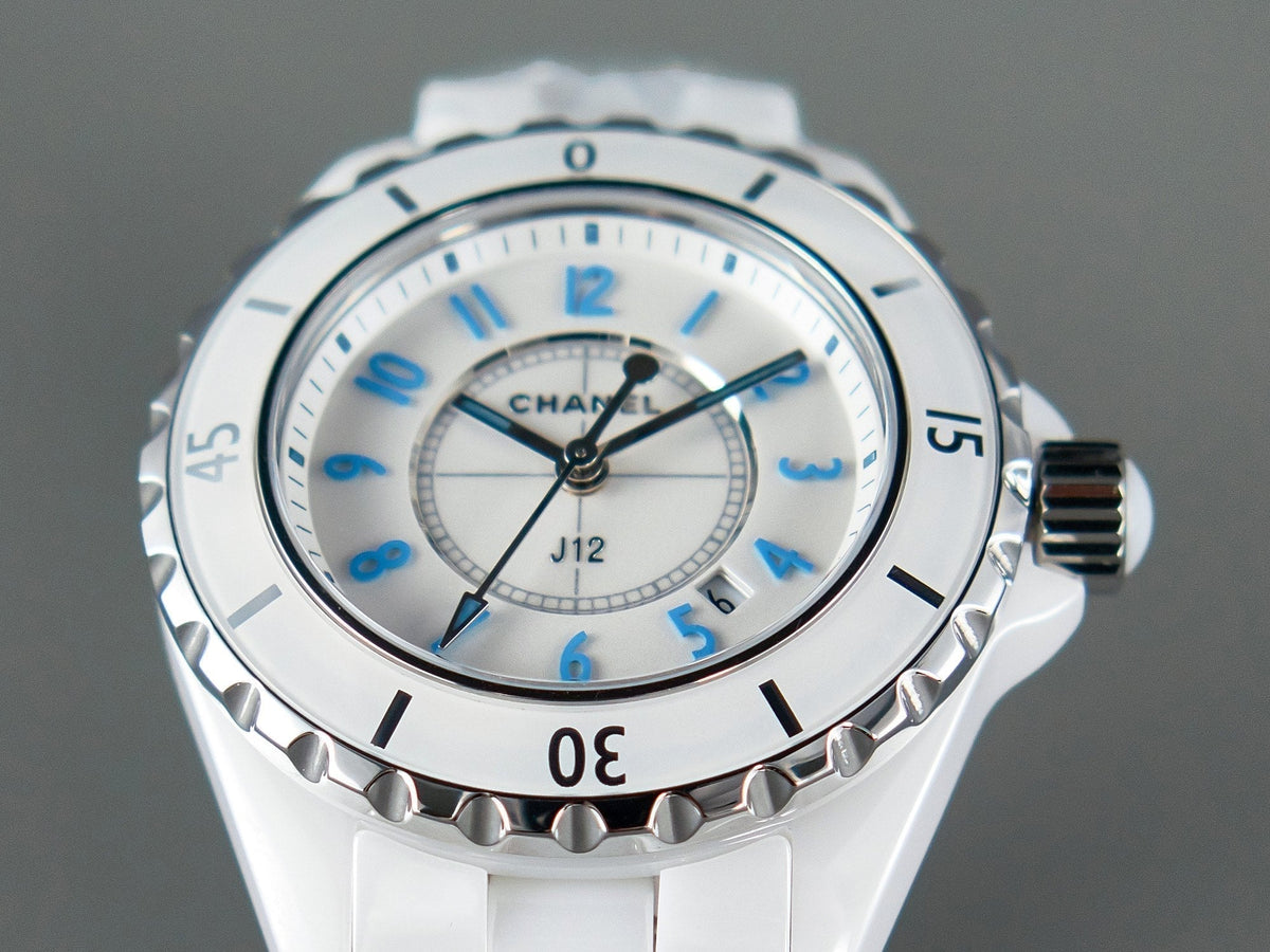 CHANEL J12 Date Quartz White Ceramic Blue Numerals White Dial