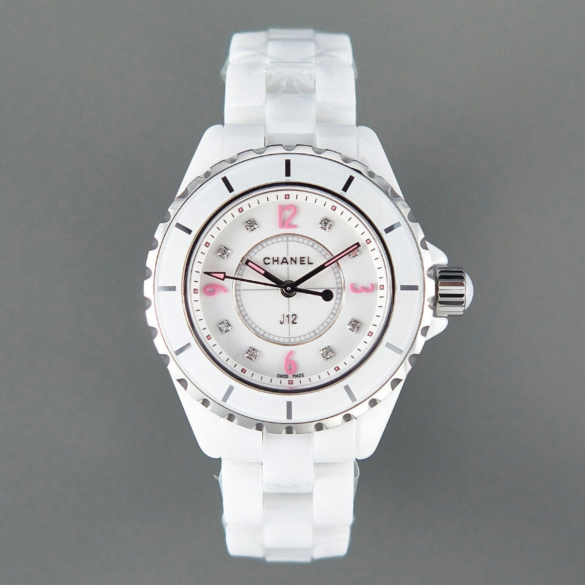 CHANEL J12 Quartz White Ceramic Pink Diamond Numerals White Dial