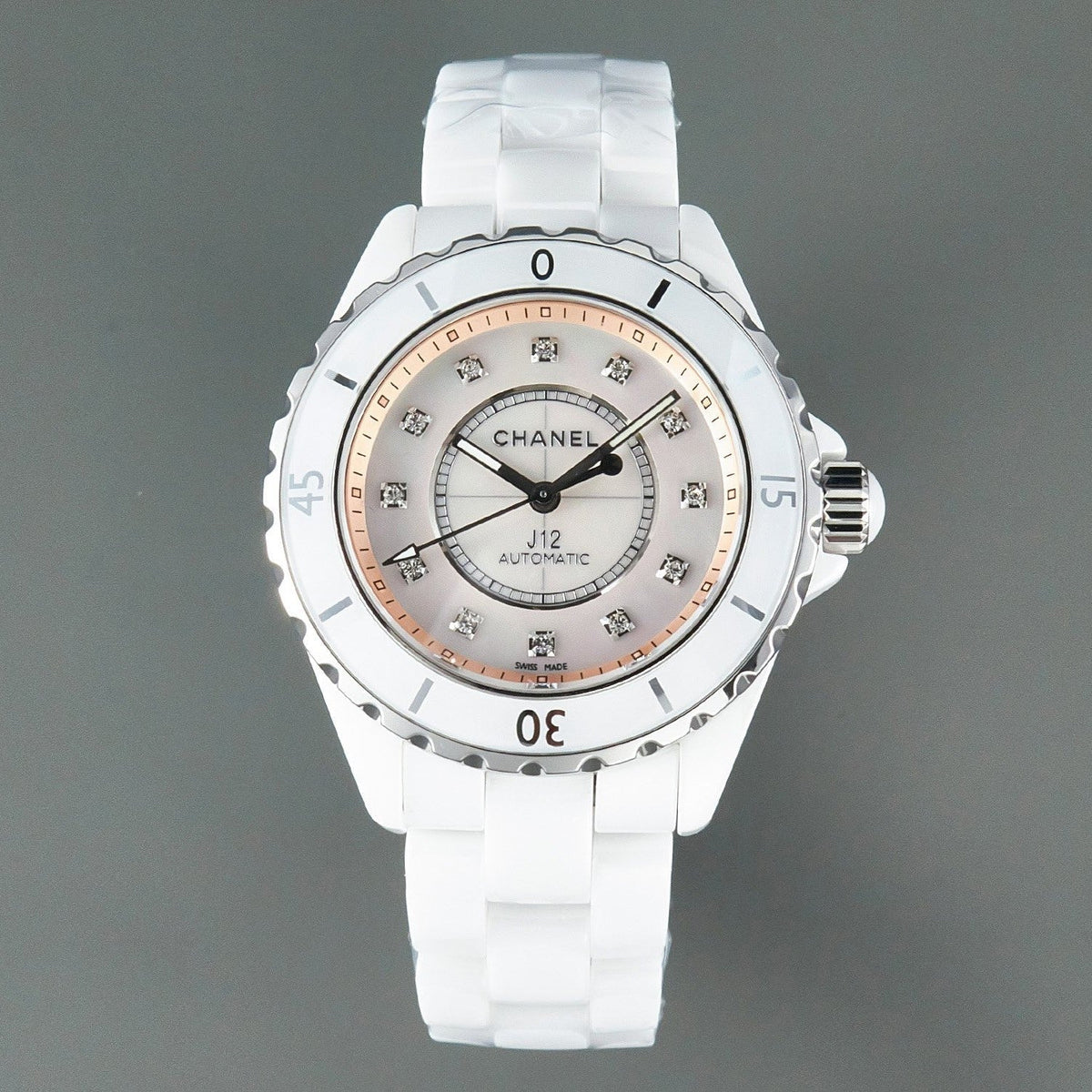CHANEL J12 Automatic White Ceramic Diamond Numerals Pink Mop Dial