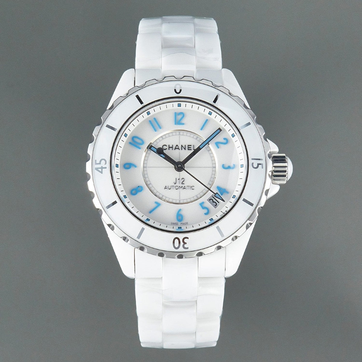 CHANEL J12 Date Automatic White Ceramic Blue Numerals White Dial