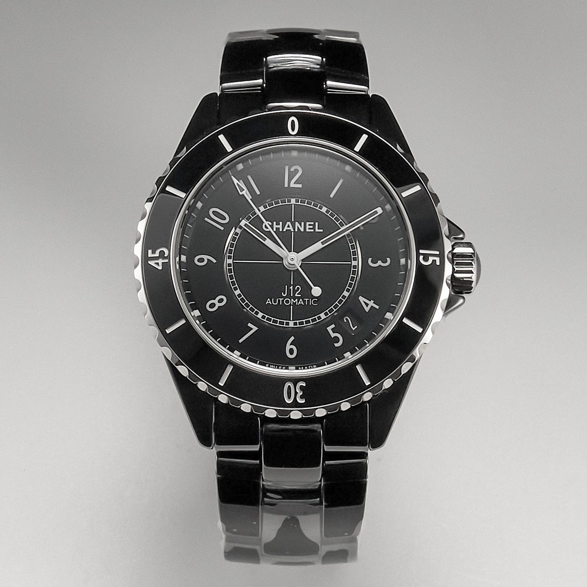 CHANEL J12 Date Automatic Black Ceramic White Numerals Black Dial Black Steel Hands