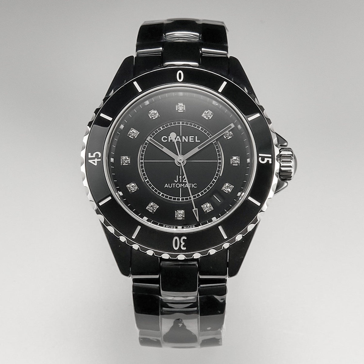 CHANEL J12 Date Automatic Black Ceramic Diamond Numerals Black Dial Black Steel Hands